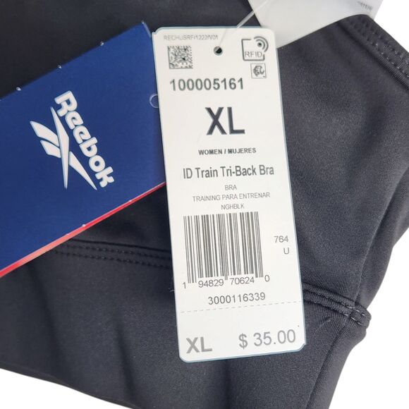 Reebok ID Train Tri Back Sports Bra Size XL Light Support Wirefree Black NWT - Picture 3 of 7